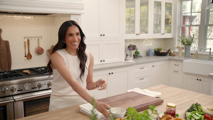 Meghan Sussex in the kitchen on her show With Love, Meghan