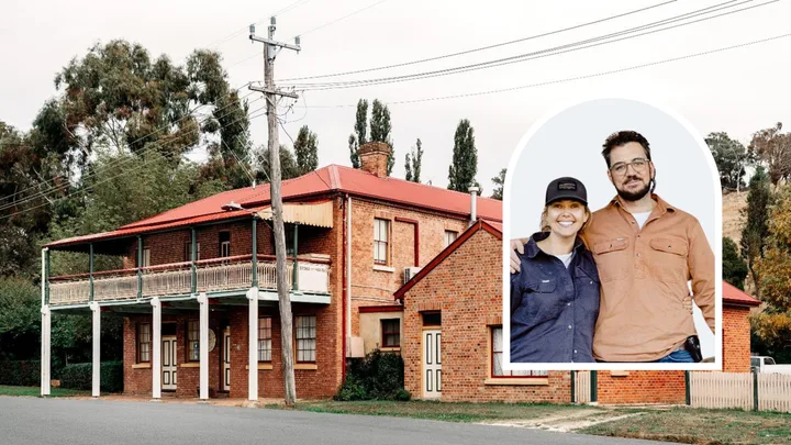 Edwina Bartholomew and Neil Varcoar inset with exterior of Carcoar hotel Saltash Farm