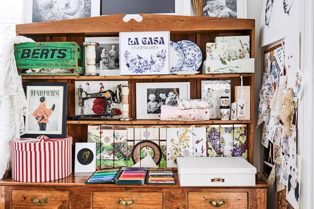 Illustrator Alexandra Nea's home studio in Sydney sideboard with work and inspiration