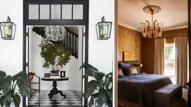 Two images side-by-side, on the left a black and white tiled entryway with white walls and open black double doors, showing a crystal chandelier and elegant foyer. The right image is a bedroom with navy bedding and a retro, art deco-style chandelier