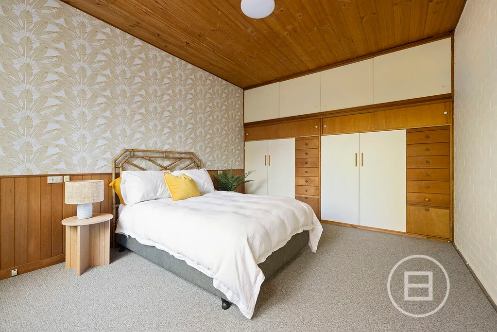 Chrissie Swan mid-century home renovation bedroom wallpaper
