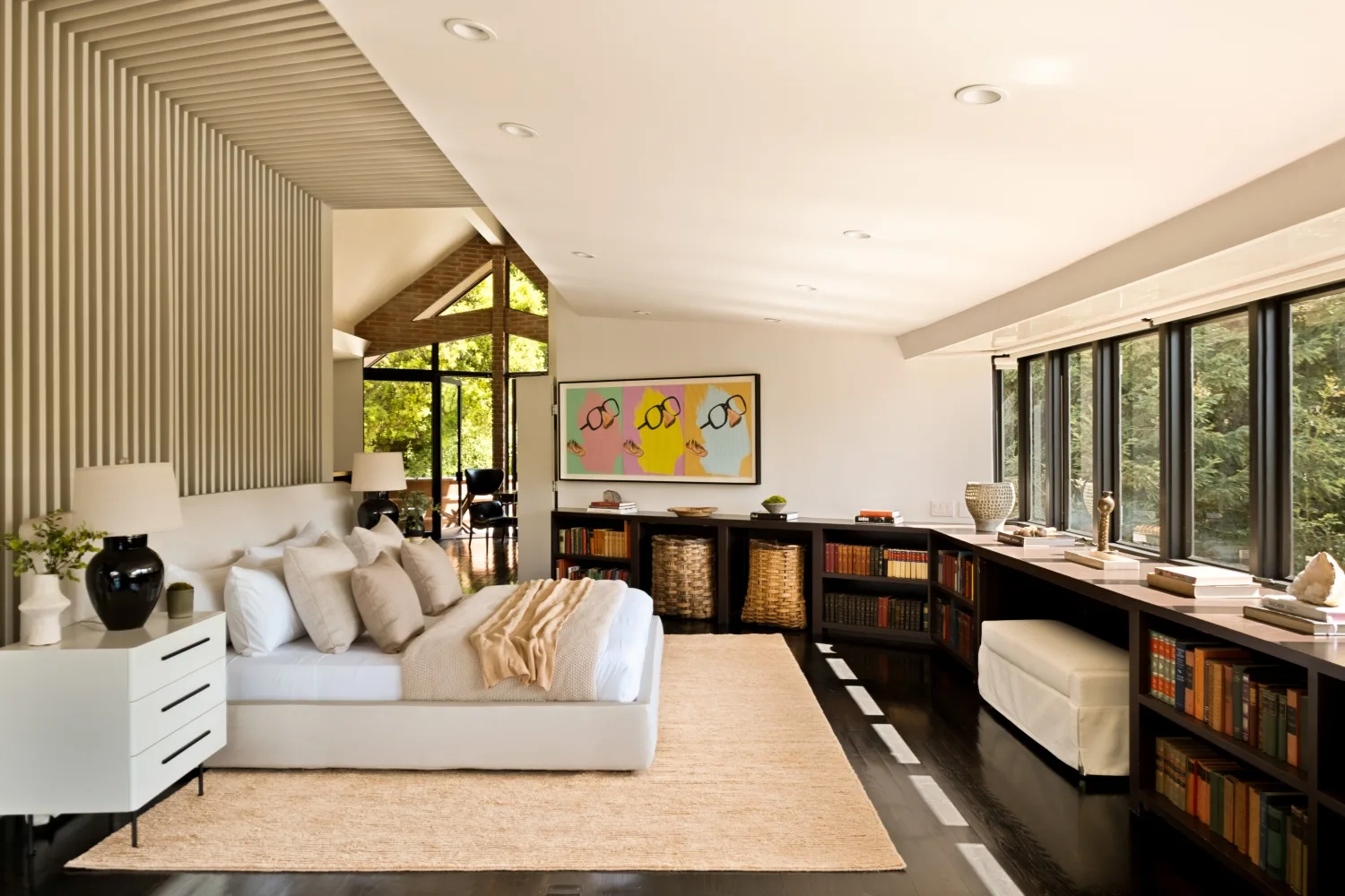 Diane Keaton Pacific Palisades home restoration bedroom with artwork