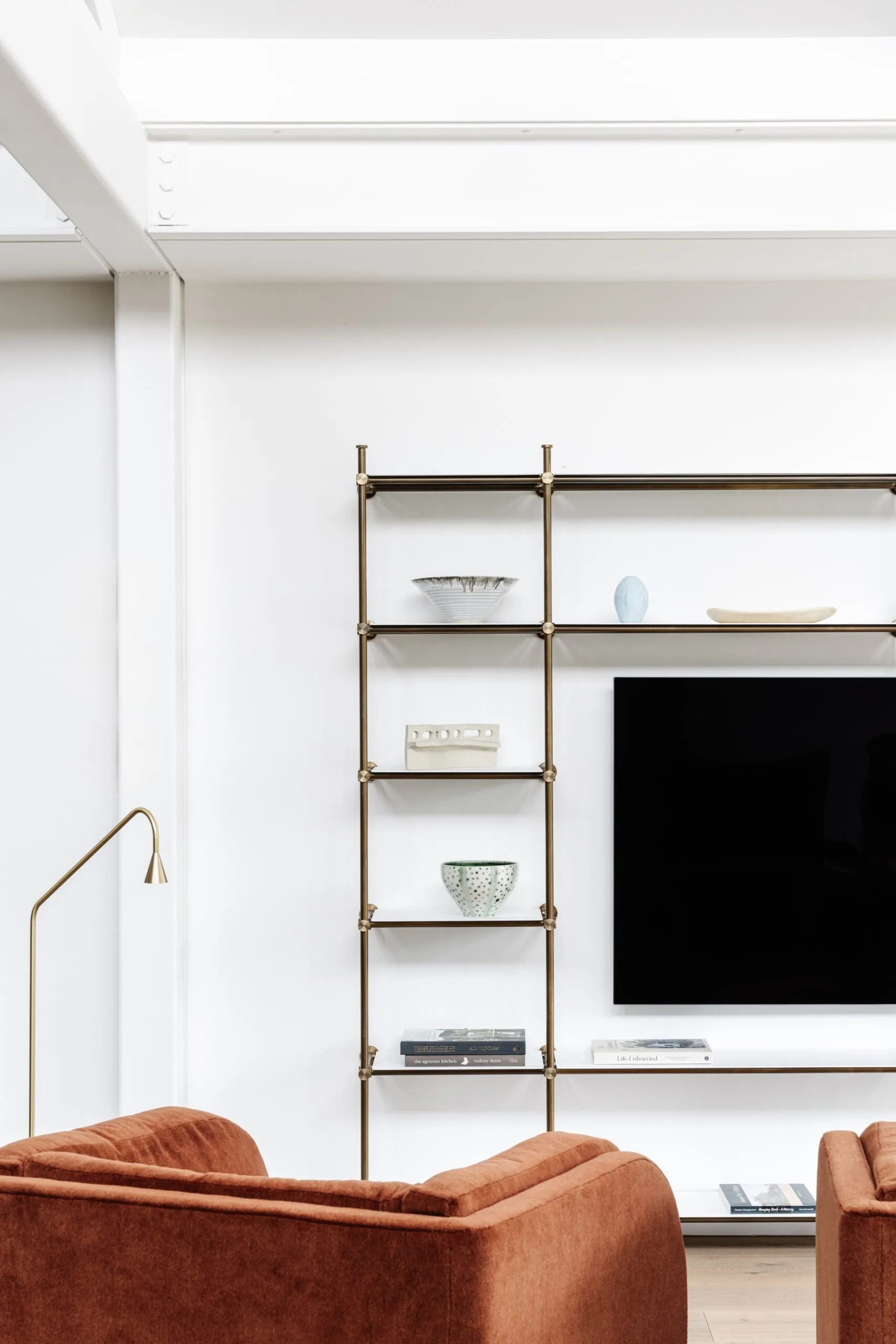 A living area with open shelving in the Macedon ranges. 