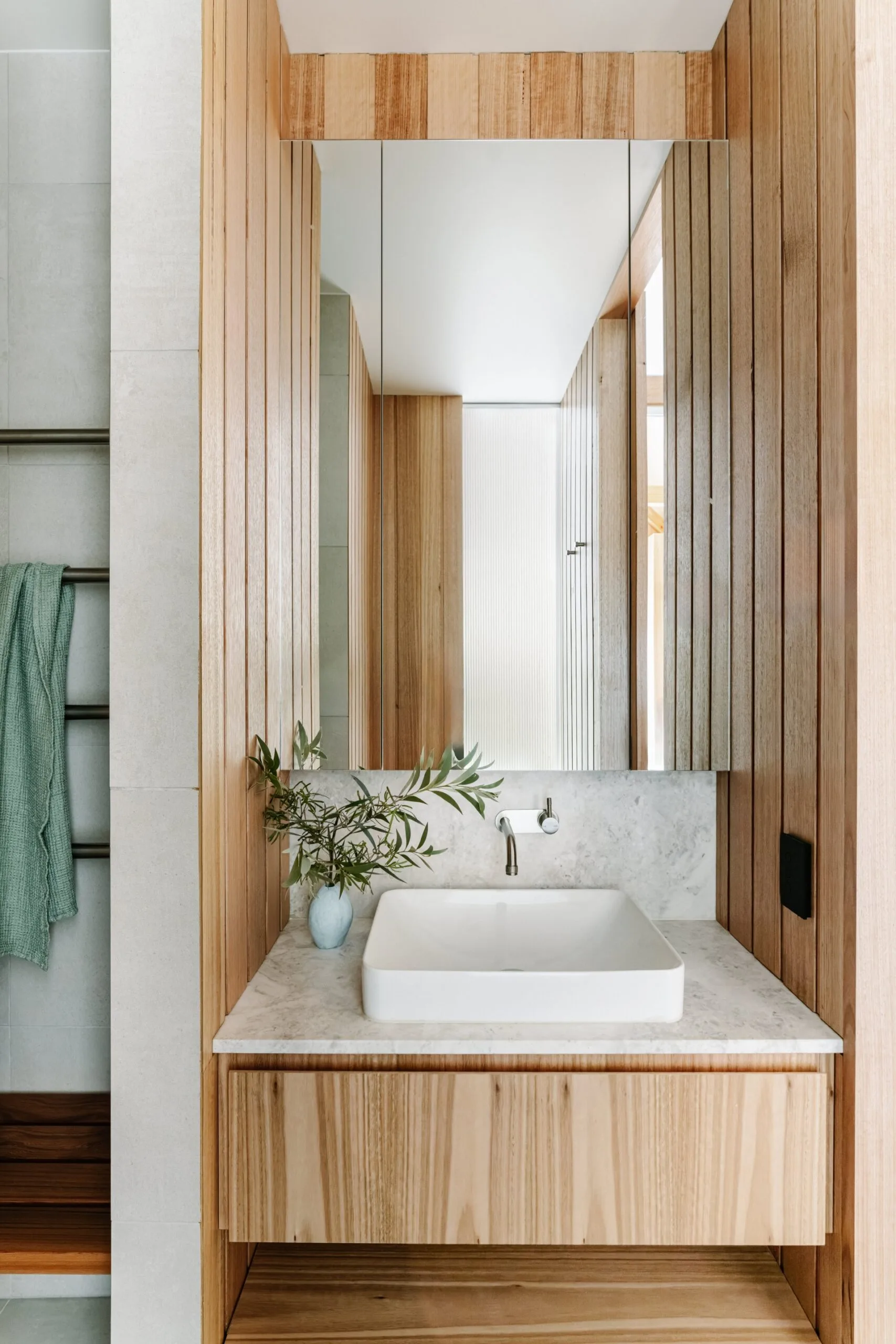 A timber bathroom vanity. 