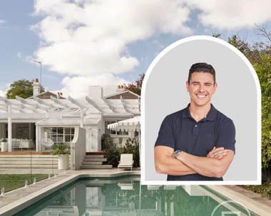 Marty Fox inset with a pool shot of his Toorak home