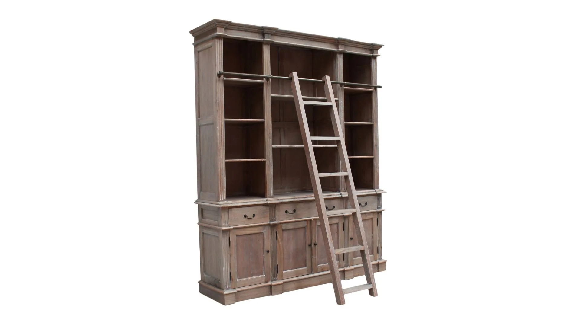 A timber bookshelf with cabinets at the bottom and a ladder attached