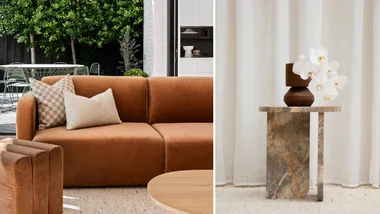 left image soft brown sofa right image marble side table with brown vase and white flowers from RJ living