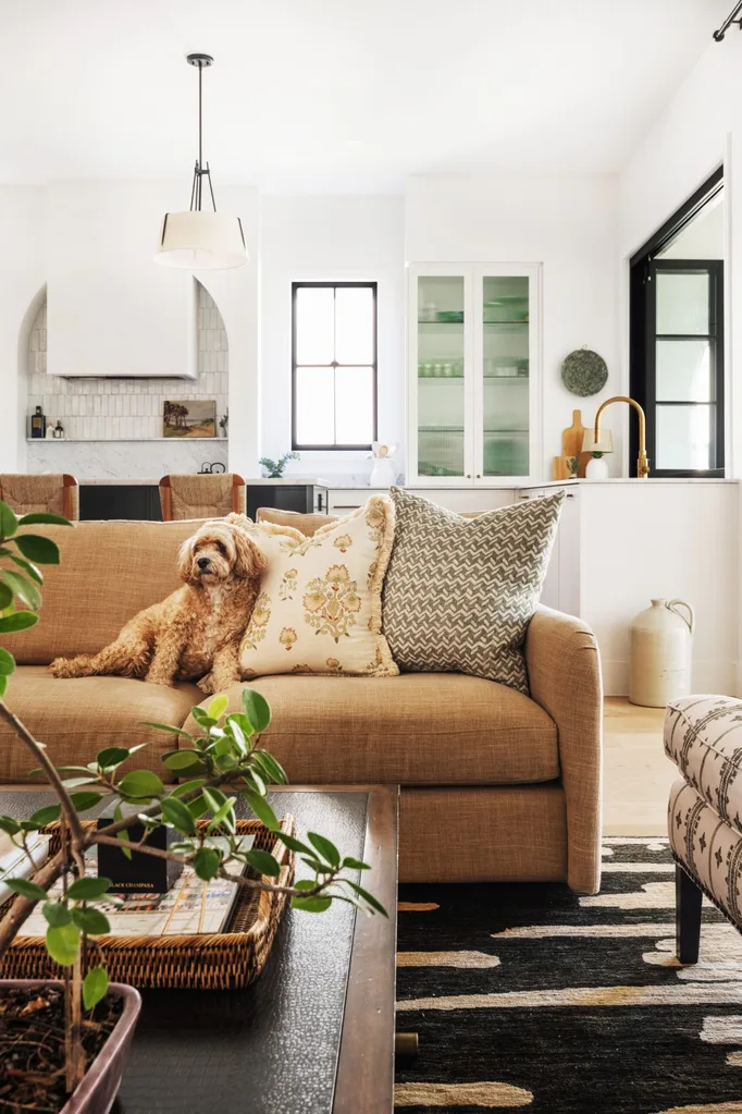An open plan kitchen and living room. A dog sits on the neutral toned couch. The space is primarily black and white, with warm tones in the living room seats.