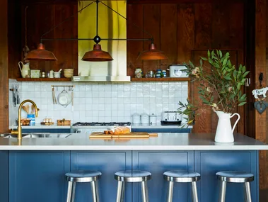Blue and dark timber farmhouse kitchen