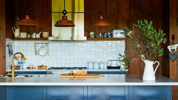 Blue and dark timber farmhouse kitchen