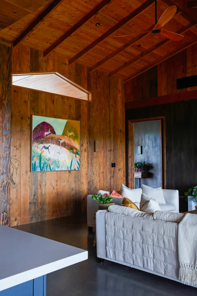 Timber family home blue kitchen overlooking a colourful lounge room.