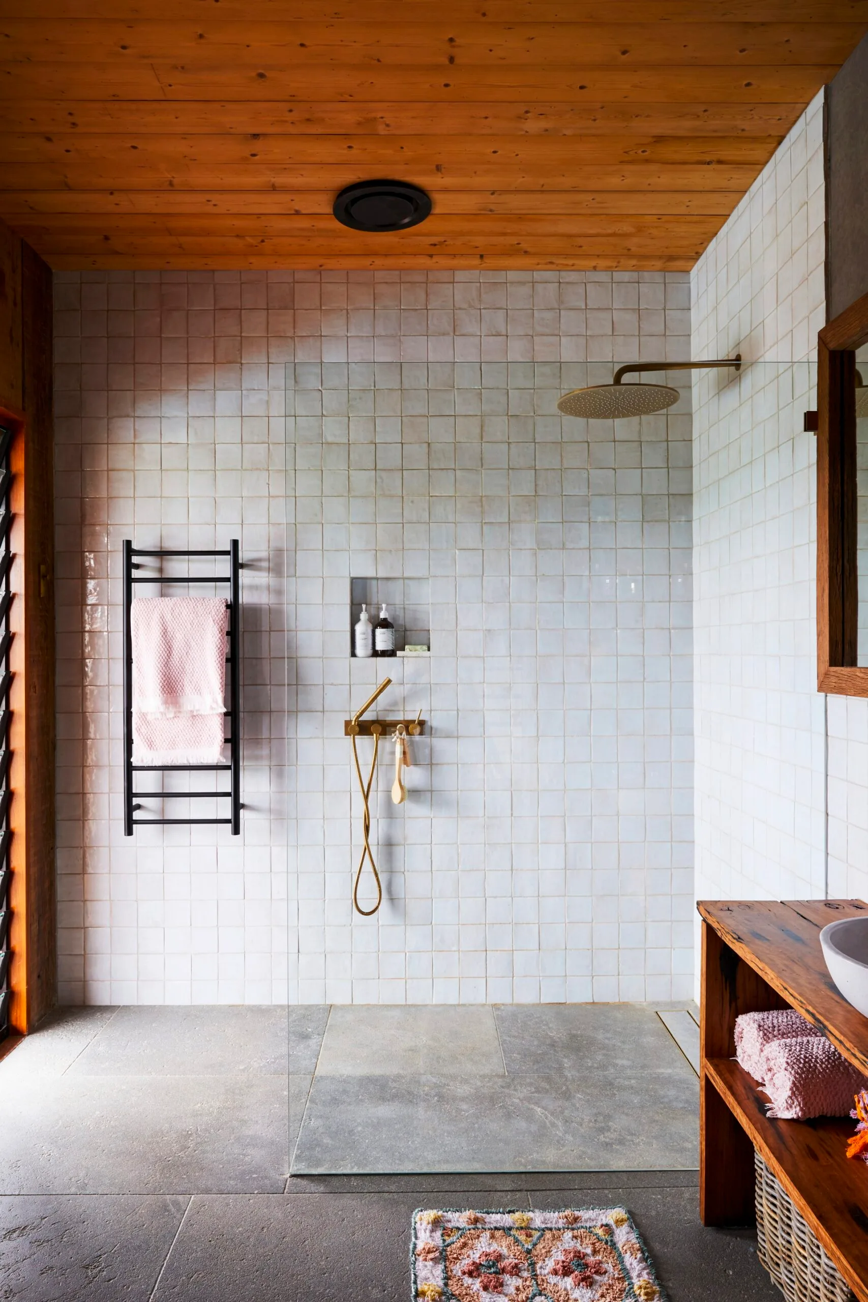 Modern bathroom with timber ceiling. 