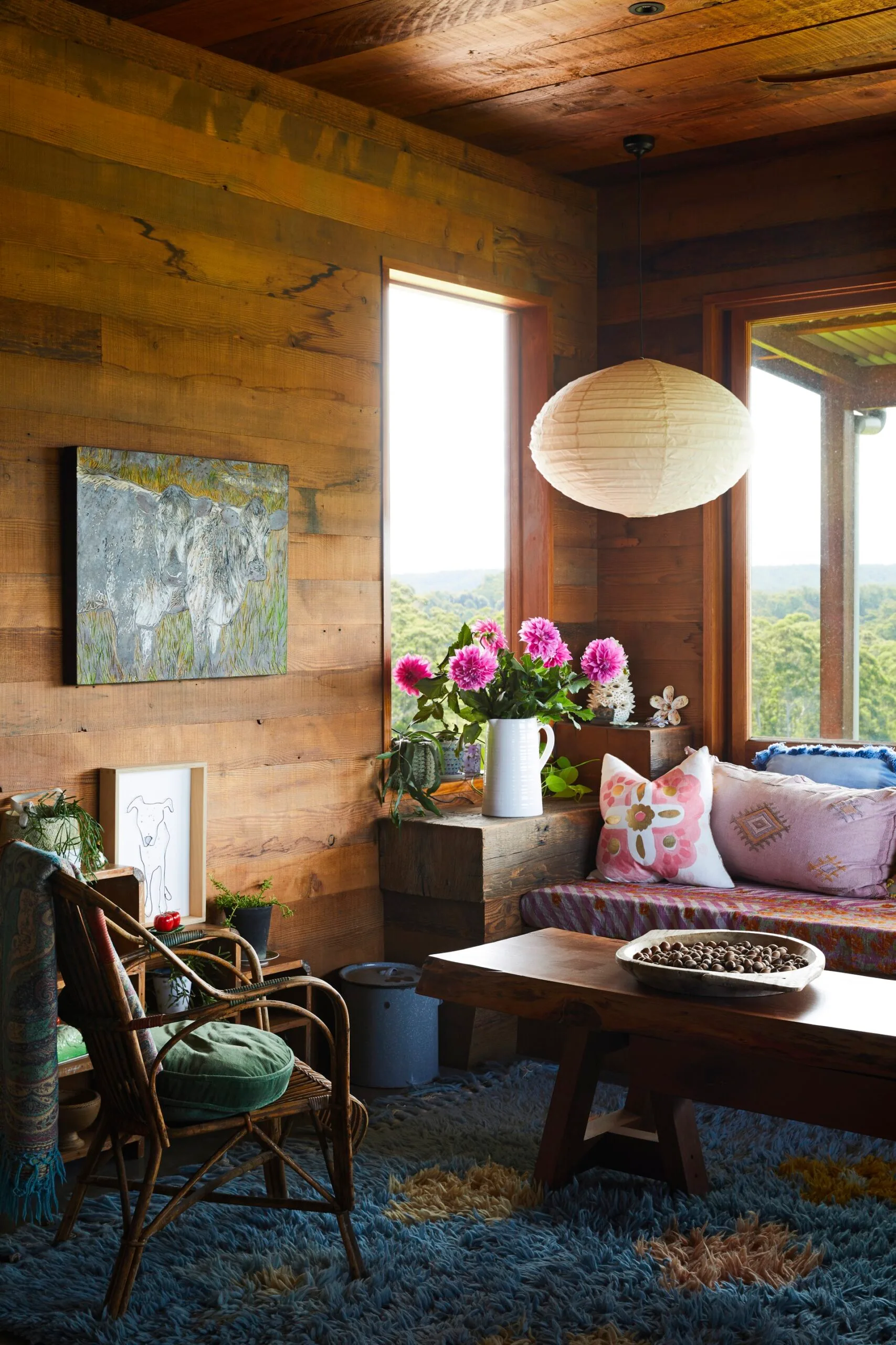 Timber family home's colourful living room. 