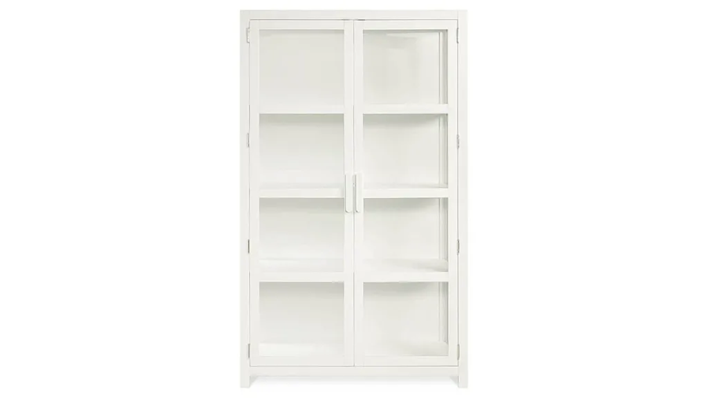 A white display cabinet with glass doors