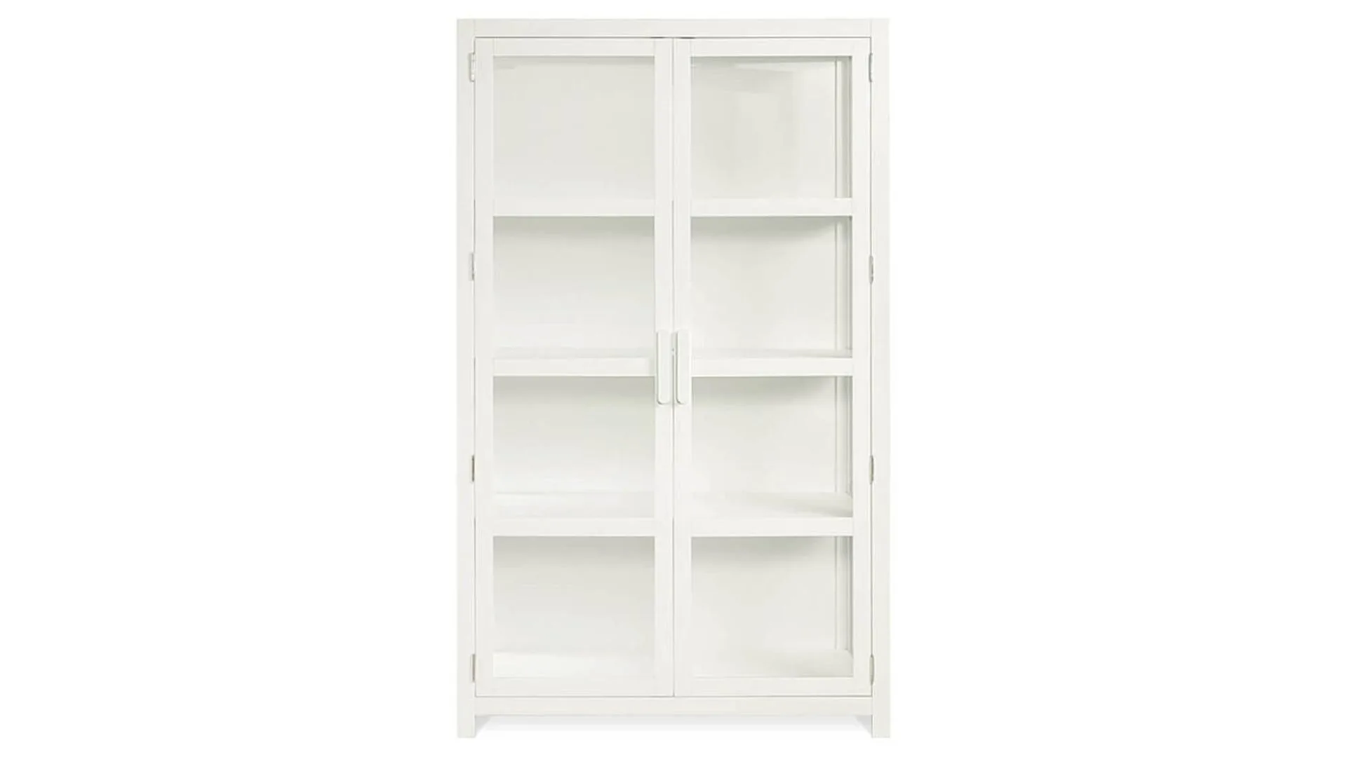 A white display cabinet with glass doors
