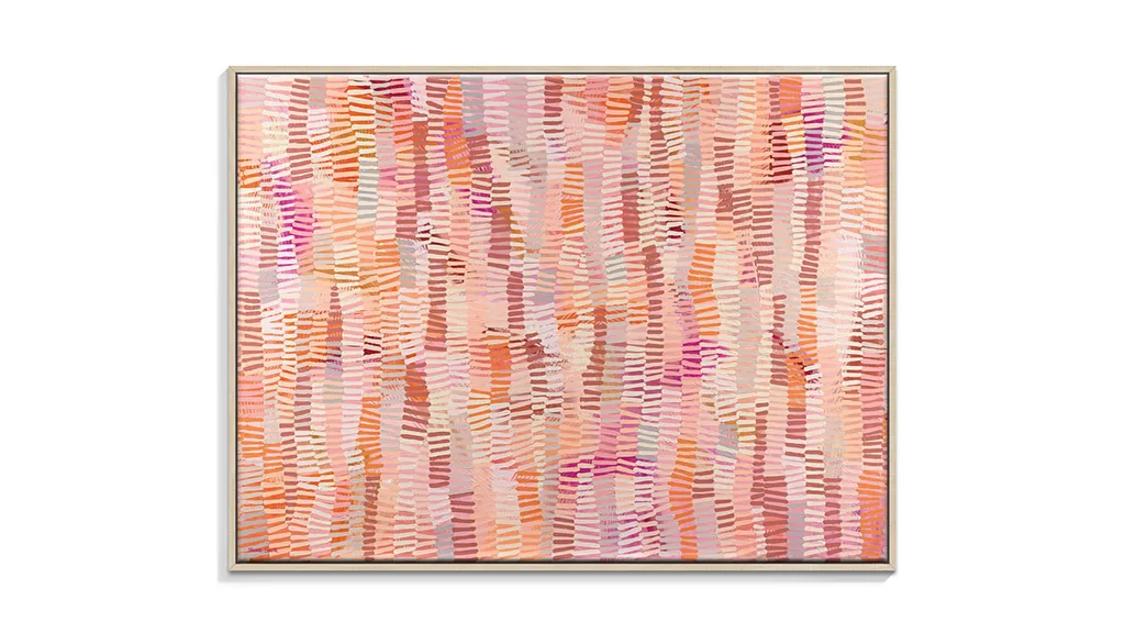 A red, pink, purple, orange and cream abstract painting.