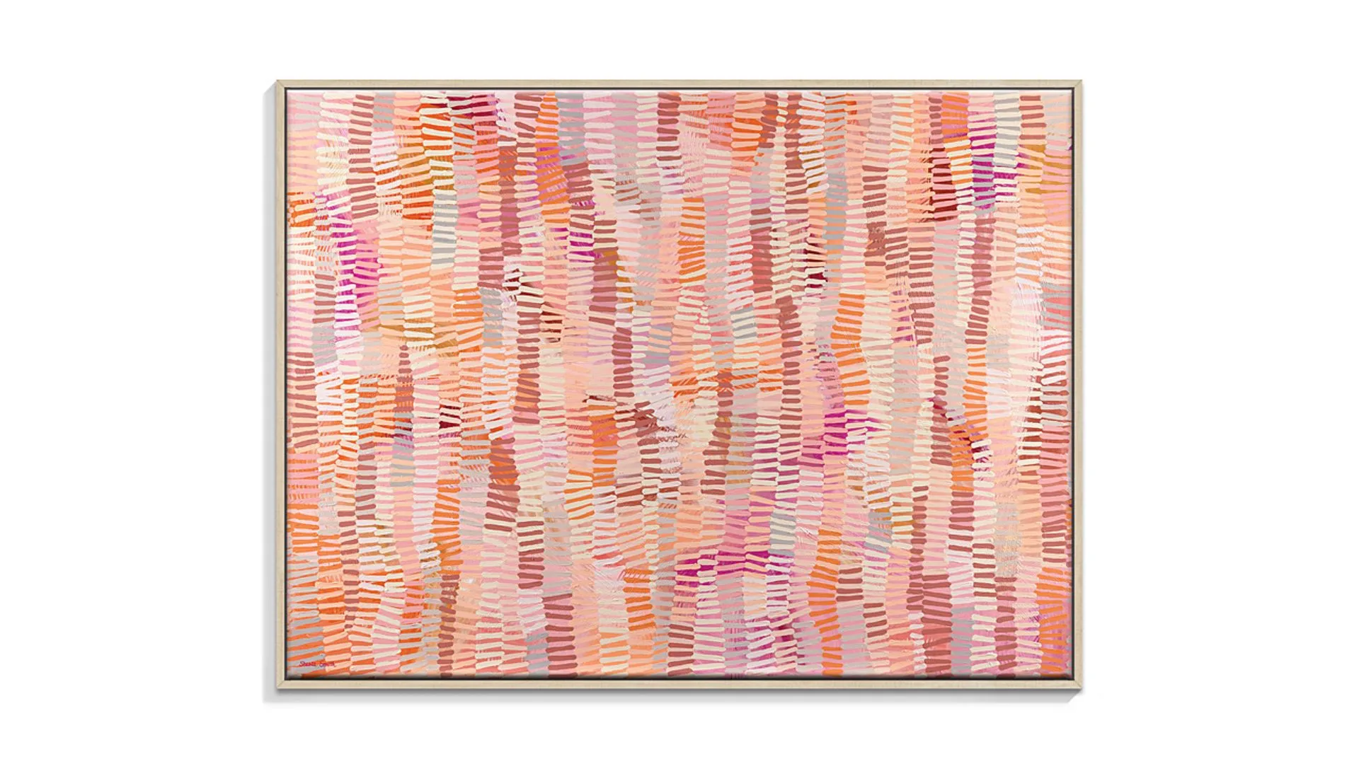 A red, pink, purple, orange and cream abstract painting.