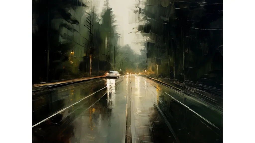 A digital artwork depicting a rainy road with pine trees on either side
