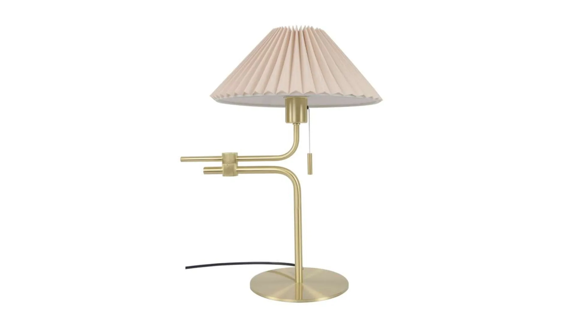 A table lamp with brass stand and white pleated shade
