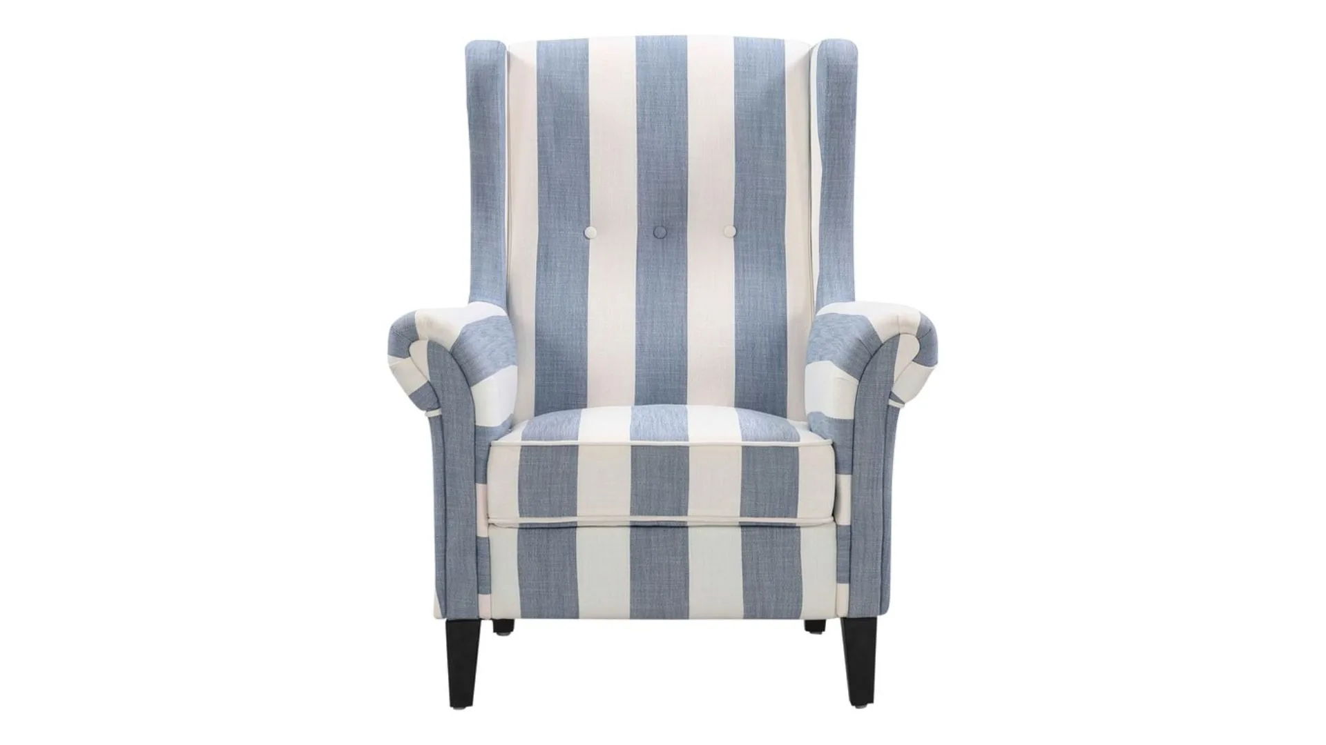 A blue and white striped wingback armchair