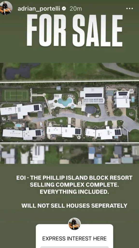 A screenshot of Adrian Portelli's Instagram story announcing the sale of the five Block properties.