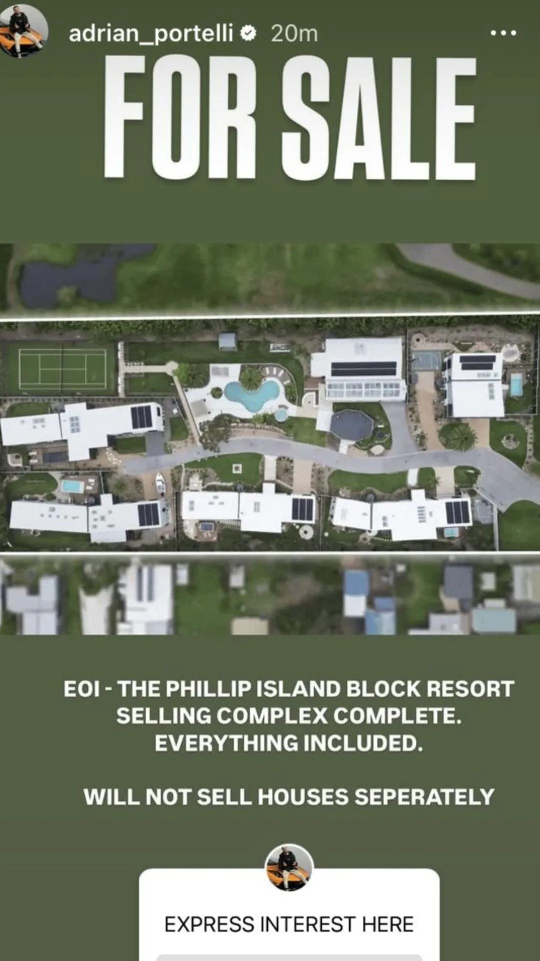 A screenshot of Adrian Portelli's Instagram story announcing the sale of the five Block properties.