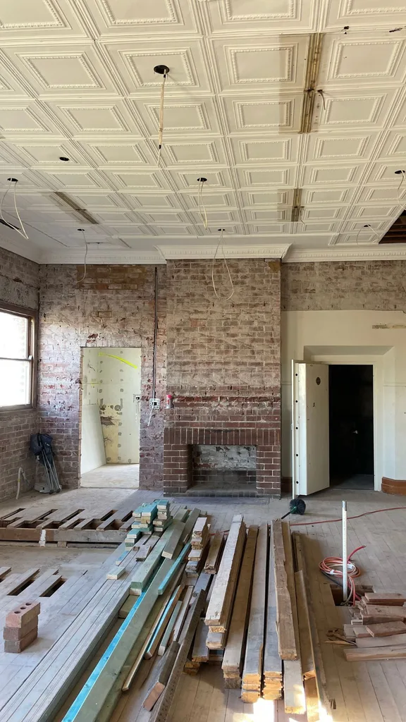 The fireplace in the bank before the renovation.