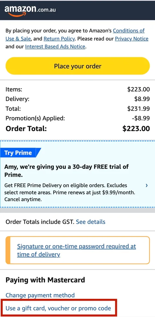 The Amazon promo code section at the checkout when shopping on a mobile device.