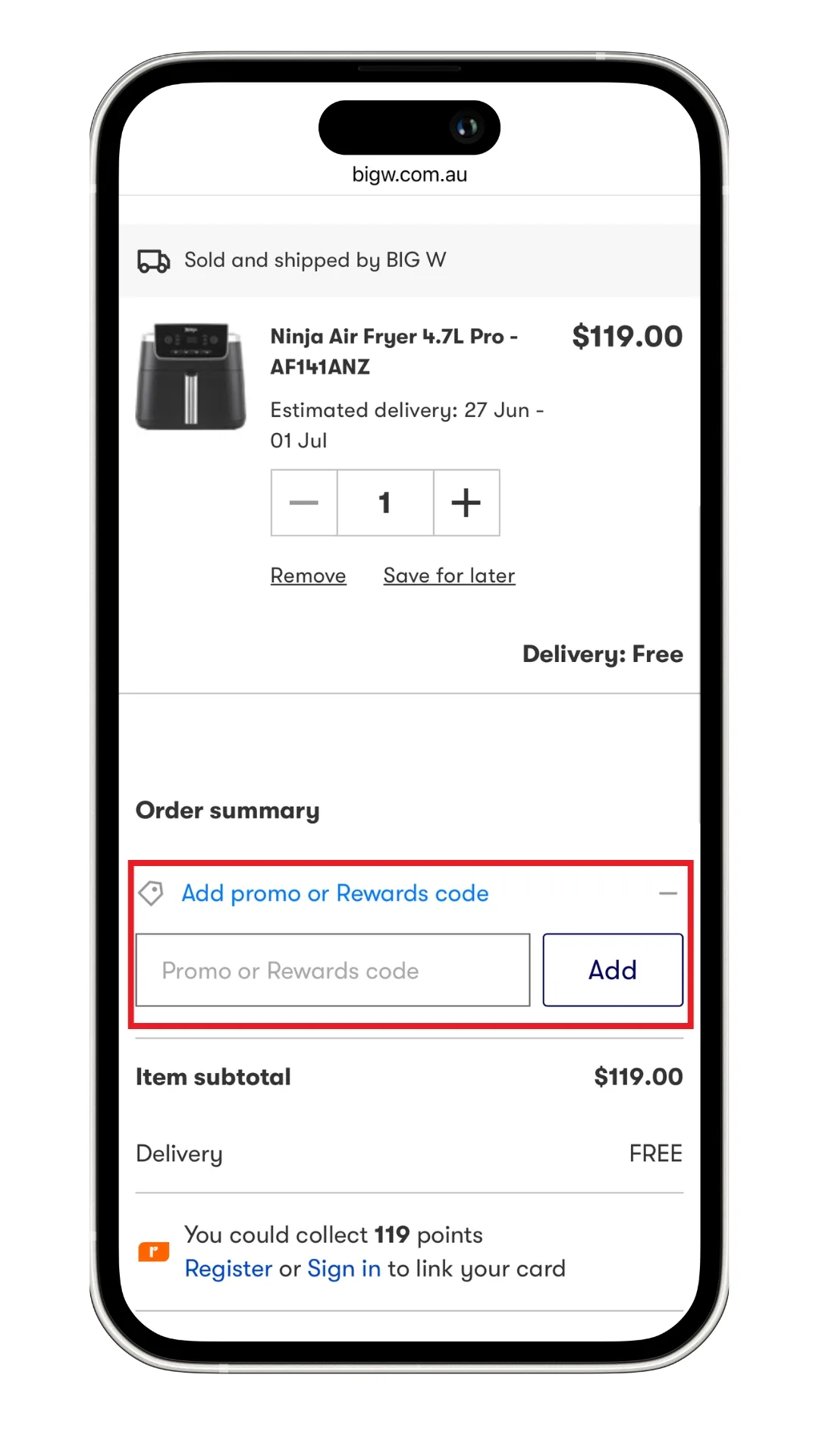 Big W promo code field at checkout.