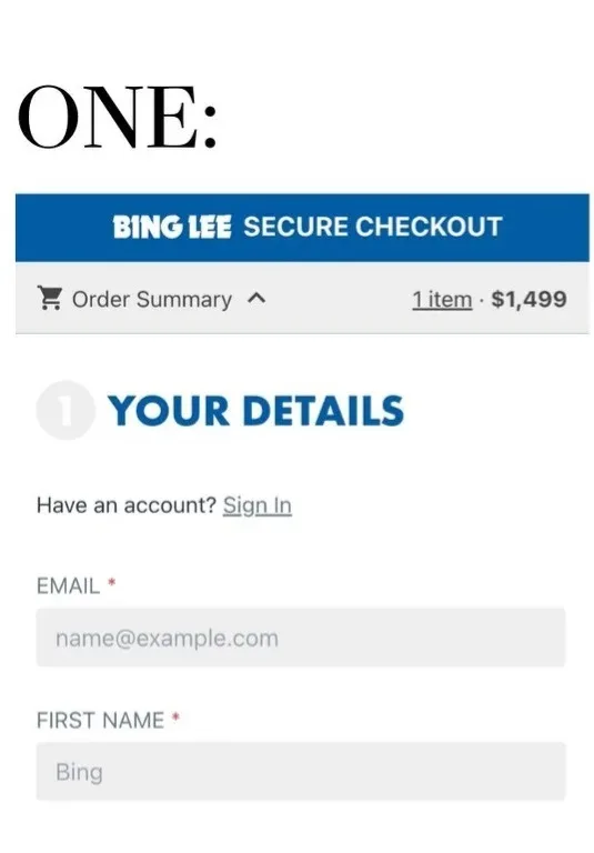 Bing Lee mobile checkout showing how to access the Bing Lee discount code field from the Order Summary