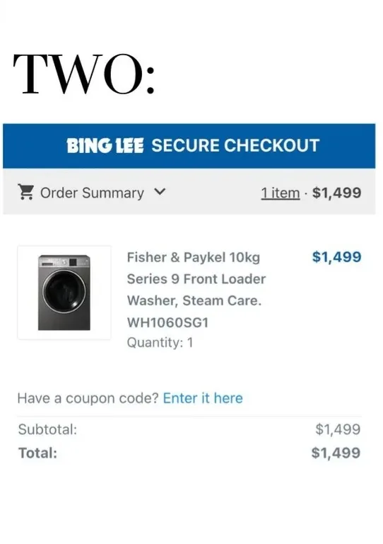 Bing Lee mobile checkout showing how to access the Bing Lee discount code field from the Order Summary