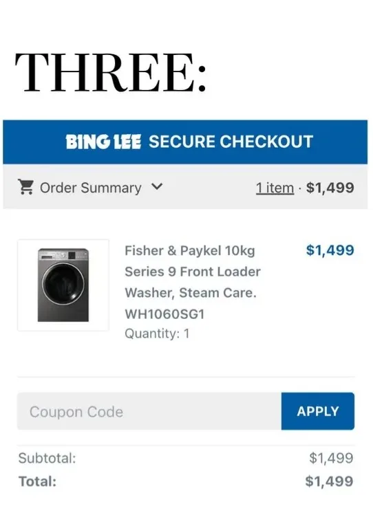 Bing Lee mobile checkout showing how to access the Bing Lee discount code field from the Order Summary