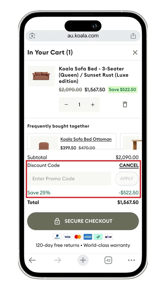 Koala discount code applied at checkout screen