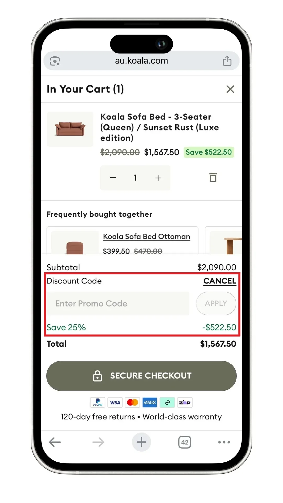 Koala discount code applied at checkout screen