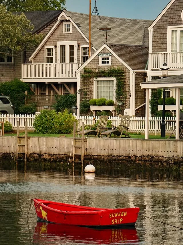 Nantucket boat scene with pretty buildings in the background