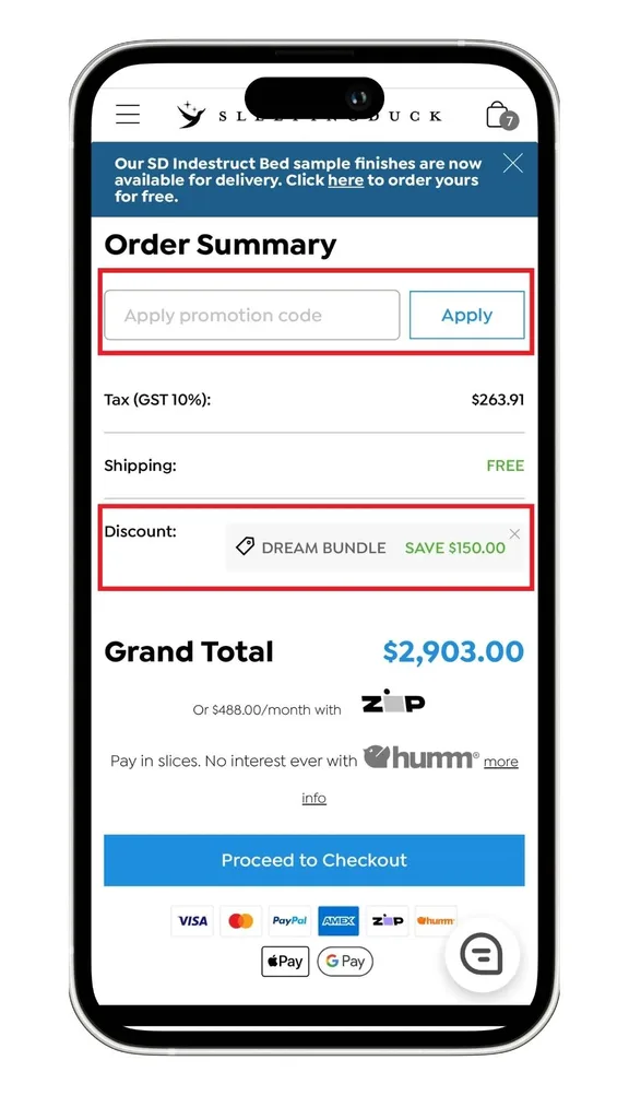 Sleeping Duck discount code field shown on the checkout screen