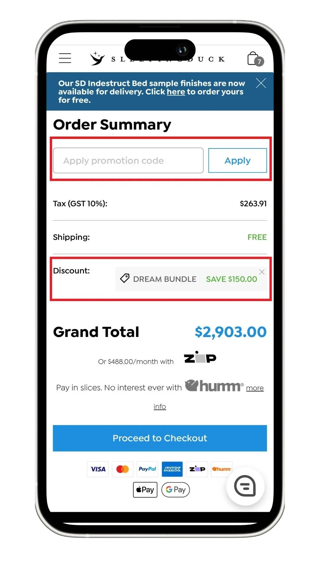 Sleeping Duck discount code field shown on the checkout screen