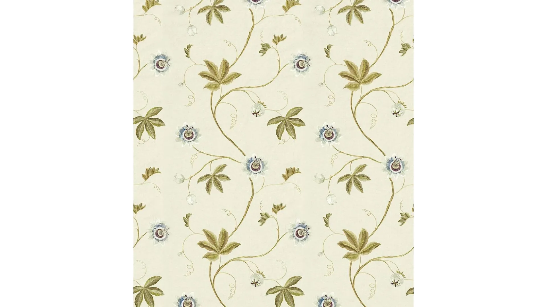 A fabric with a cream background and green vine pattern