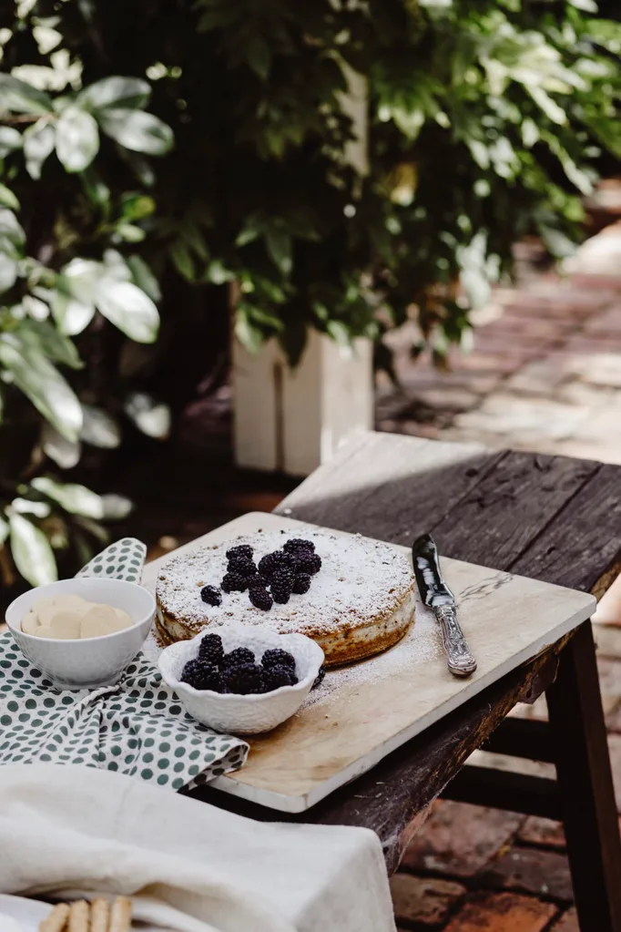 A cake on a rustic outdoor table.