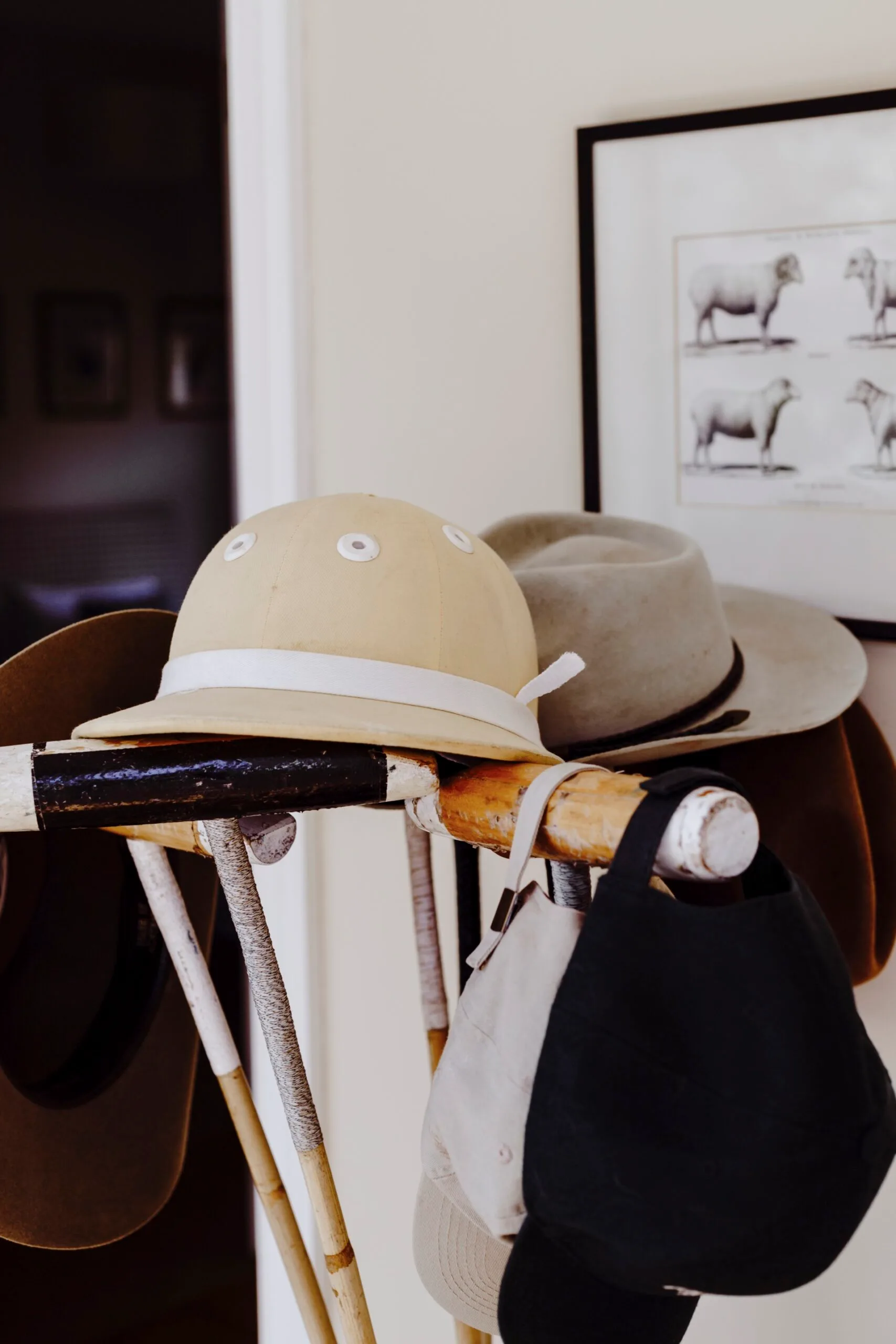 Hats on a hat stand in a country home. 