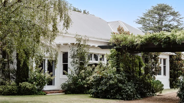 The exterior of a white homestead with lush greenery.