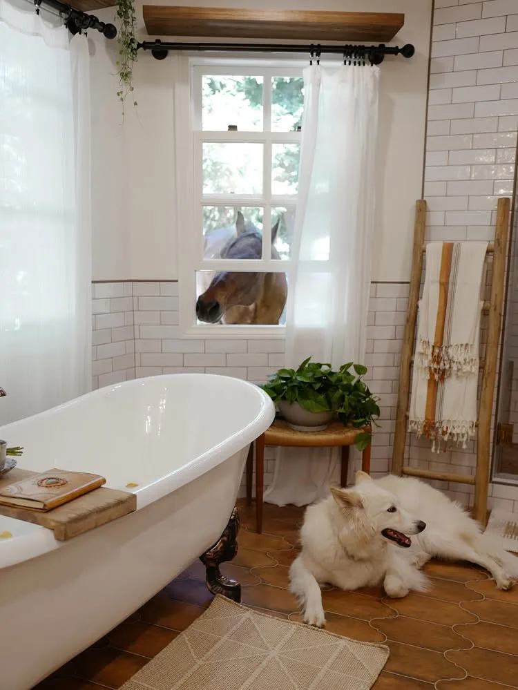 Twilight star Nikki Reed at home on her California ranch bathroom with dog and horse