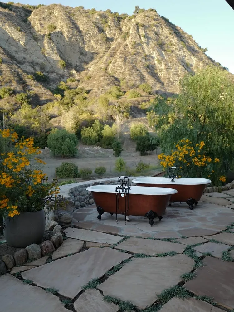 Twilight star Nikki Reed at home on her California ranch outdoor baths with mountains