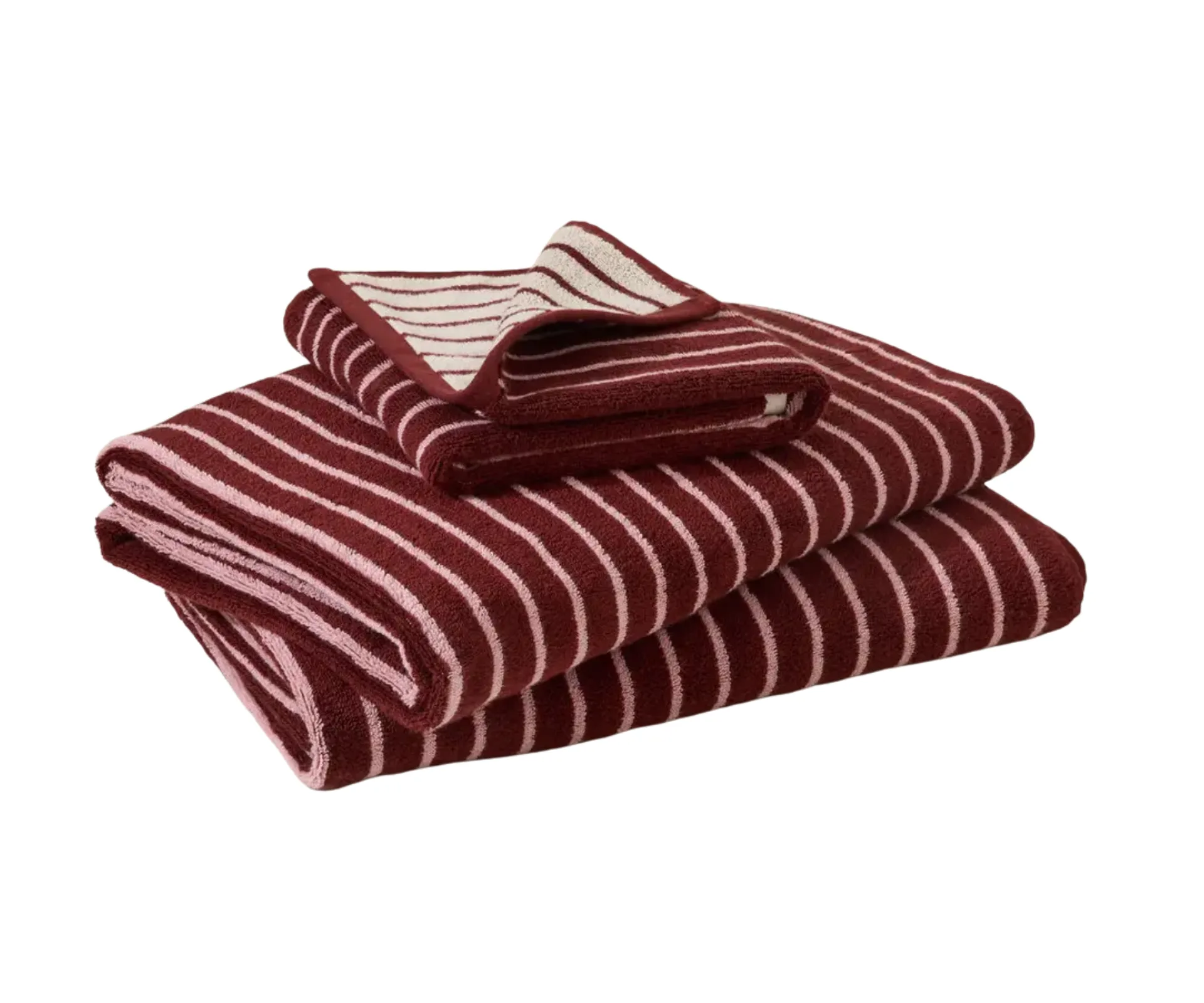 Product photo of Sheet Society Bambi Stripe Towels, Burgundy, Warm White and Pink Lotus Stripe, ranked as one of the best Bath towels in Australia 2026