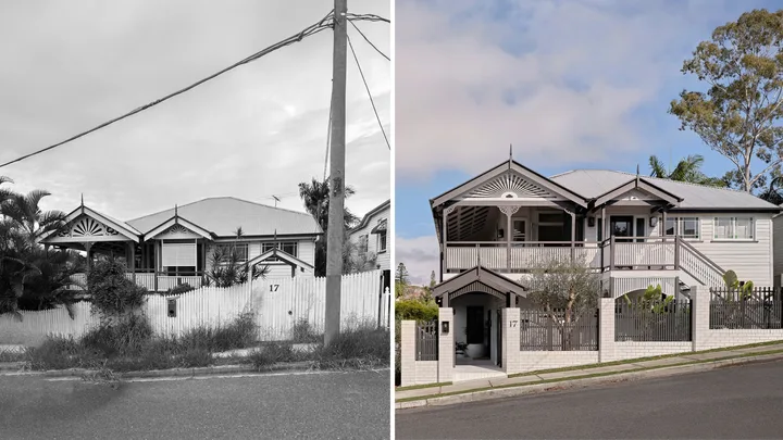 A split screen image. On the left, in black and white, is the exterior of a Queenslander style home. On the right, in colour, is the same home after a significant renovation and extension.