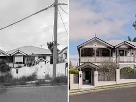 A split screen image. On the left, in black and white, is the exterior of a Queenslander style home. On the right, in colour, is the same home after a significant renovation and extension.