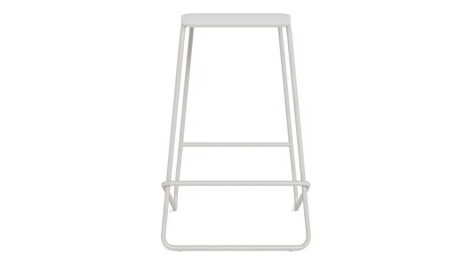 A light grey bar stool with a square seat and leg rests.