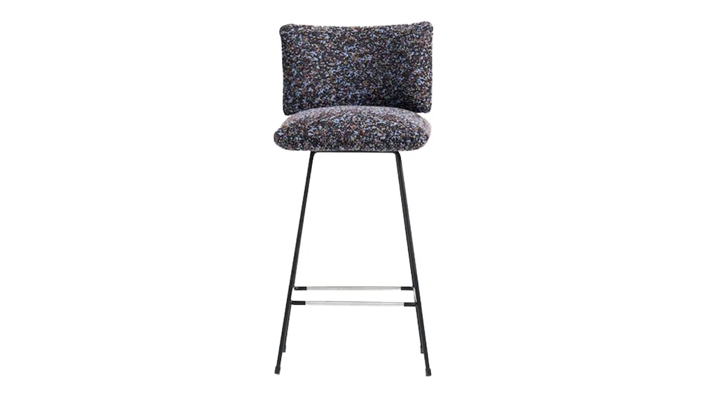 A bar stool with fabric backrest and seat cushion, plus leg rests.