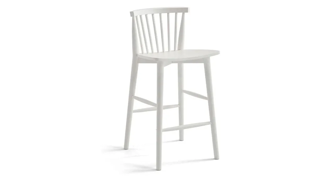 A white bar stool with leg rests and a backrest with white panels.