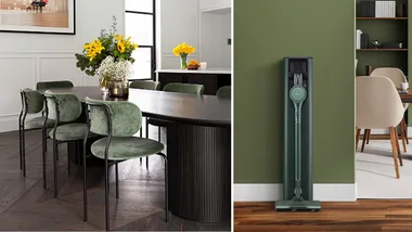 A dining room with hardwood floors and a LG cordless stick vacuum cleaner